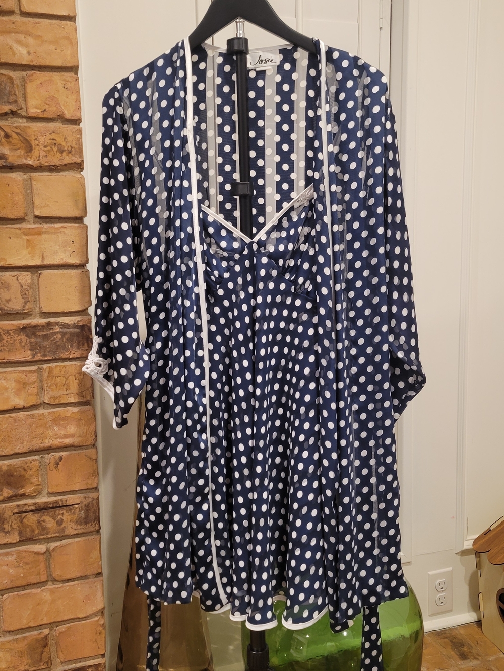 Vintage Josie Natori Navy Polka Dot Slip Chemise with White Trim